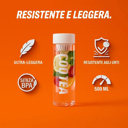 Botella portátil con filtro anti-residuos integrado.
