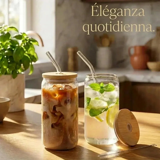 High-end glass and bamboo cup set